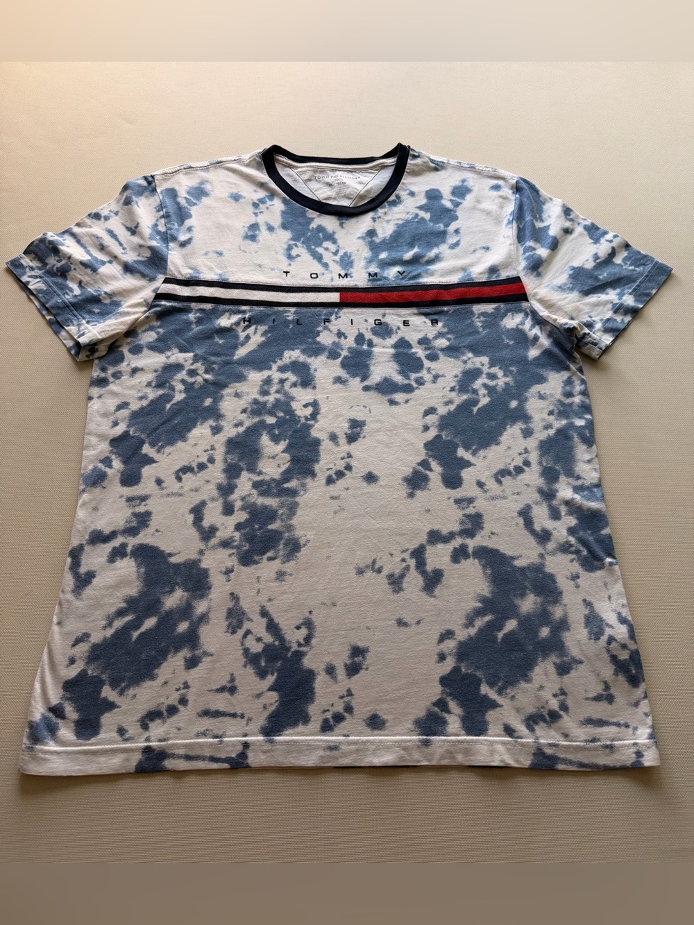 Tommy Hilfiger White & Blue Tie-Dye Crew Neck Tee with Iconic Stripe